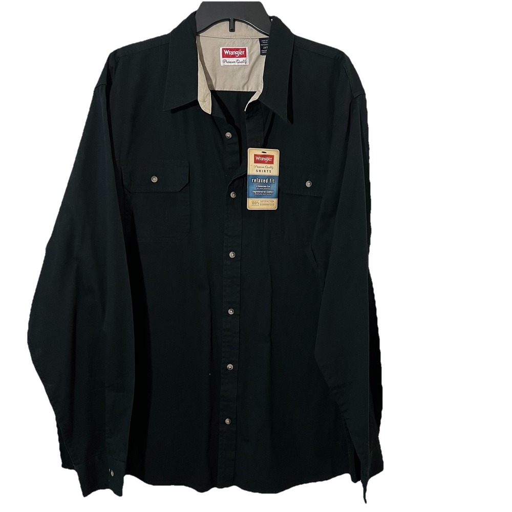 Wrangler Shirt Mens 2XLT BBlack‎ Button Up Relaxed Fit Camp Flap Pockets Outdoor